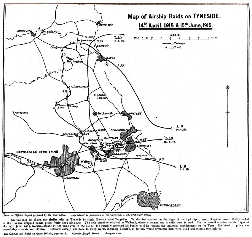 Image of map of airship raids on Tyneside.