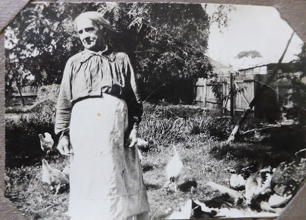 Image of Mary COLQUHOUN (née HUTCHISON) with chooks at 487 Vulture St.