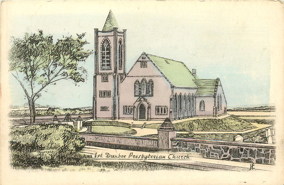 Image of TuckDB postcard of 1st Dunboe Presbyterian Church shortly after 1936.