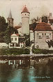 Image of view of the church tower at Wertheim from the river Main. A postcard.