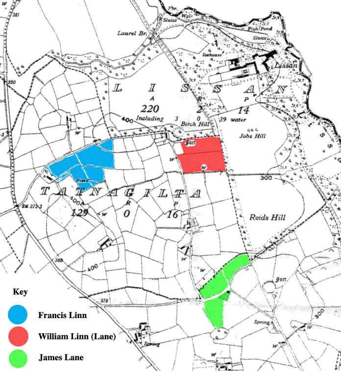 Image of 1935 map with three LANE / LINN farms.