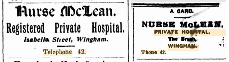 Nurse Jane Ann McLEAN (née RUSSELL), advertisements in the Wingham Chronicle. Image Nurse Jane Ann McLEAN (née RUSSELL), advertisements in the Wingham Chronicle.